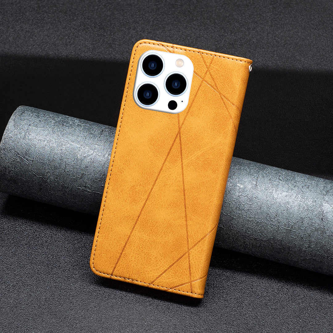 Uniqkart for iPhone 15 Pro Imprinted Line Cell Phone Case Stand Card Holder Shell Leather Phone Cover - Yellow Uniqkart for iPhone 15 Pro Imprinted Line Cell Phone Case Stand Card Holder Shell Leather Phone Cover - Yellow